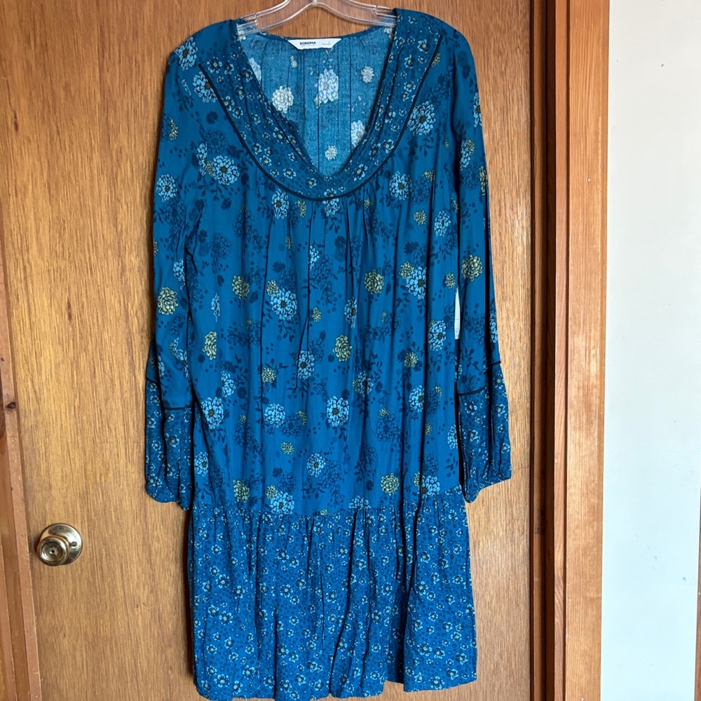 Sonoma Teal Floral Long Sleeve Peasant style Boho feel Dress
